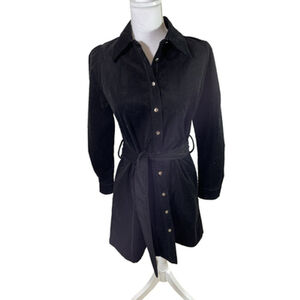 Zara Black Velvet Long Sleeve Belted Button Up Dress Sz XS